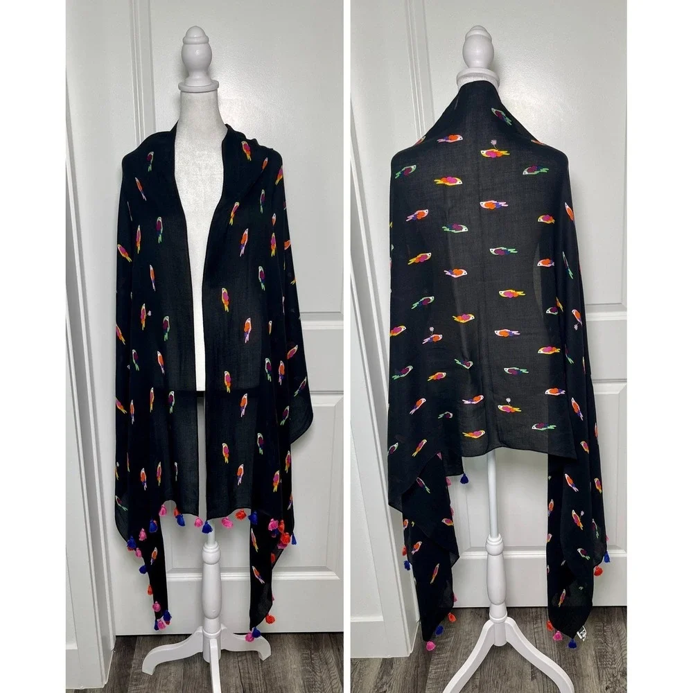 Kate Spade New York Parrot Print Scarf Shawl Black Multicolor Tassel Trim Wrap
